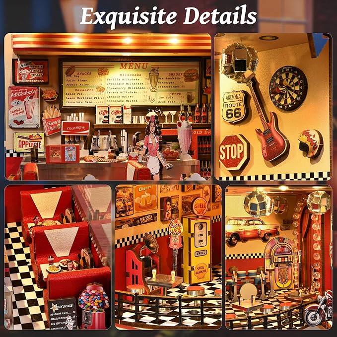 Book Nook Kit - DIY Miniature House Kit for Adults, Retro 1950s Diner Tiny House Building Kit with LED, Dollhouse Kit Bookshelf Insert Decor Gifts of Family and Friends (1950s Diner)