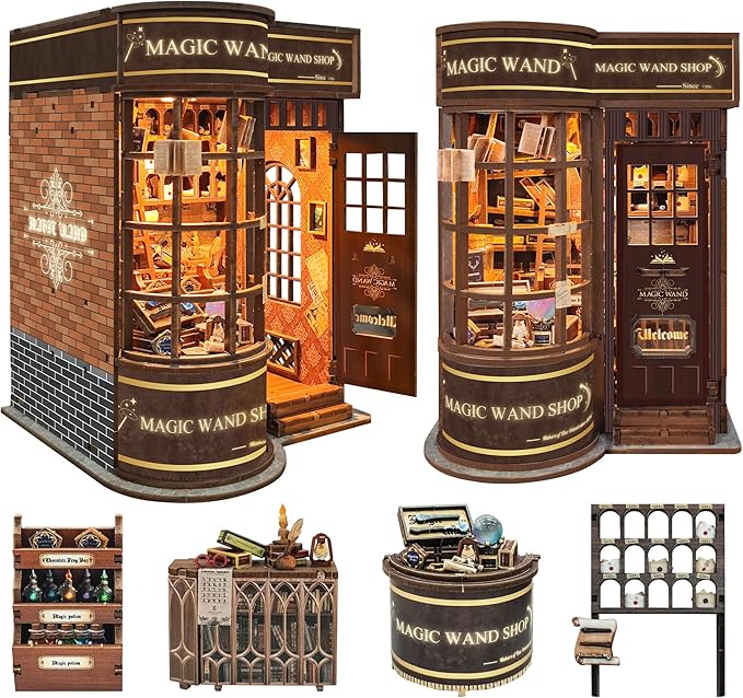 Book Nook Kit Tiny House DIY Kit for Adults and Beginners - Magical Bookshelf Decor with LED Light - Gift for Lovers, Family, Friends - Magic Wand Store (SQ-51)