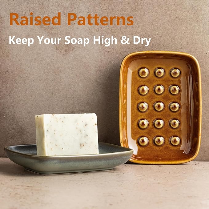 Soap Dish for Shower, Ceramic Soap Dish for Bar Soap Sponge, Soap Holder Saver Tray for Bath Kitchen Sink Bathtub, Farmhouse Decor, Raised Pattern - Keep Soap Dry, Dark Brown