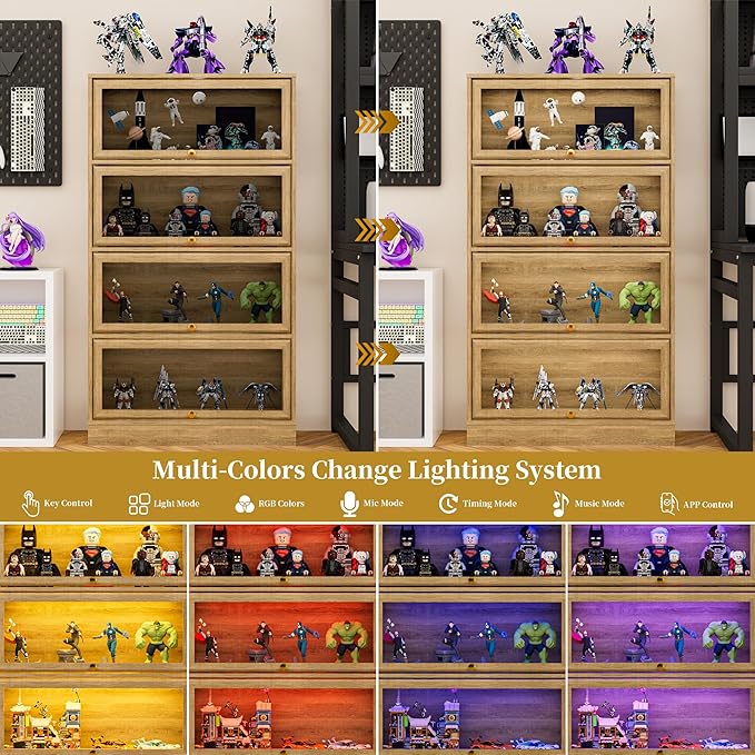 Display Cabinet with Acrylic Glass Doors,4-Tiers Curio Cabinet with LED Lighting for Collectibles, Collectibles Toy Organizers Rack & Display Shelf Display Case Storage Cabinet, Nature