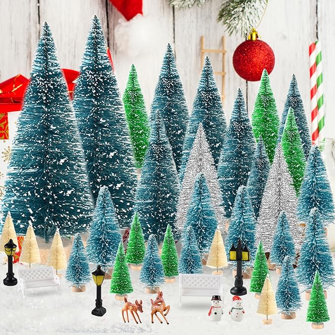 BOUBONI Mini Christmas Tree 35PCS Christmas Village Sets with Crafts Reindeer Snowmen Benches Street Lamp for Xmas Decorations Indoor Party Home Table Craft (Multicolor)