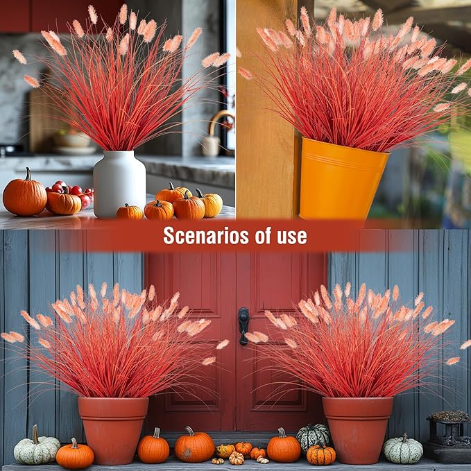 Ttranewsoo Fake Grass Fall Flowers Artificial Shrubs Artificial Grass Wheatgrass Cattails Fake Grass Decorations Artificial Plants Ornamental Grass Outdoor Grass Green Leafy Decorations (12PCS)Orange