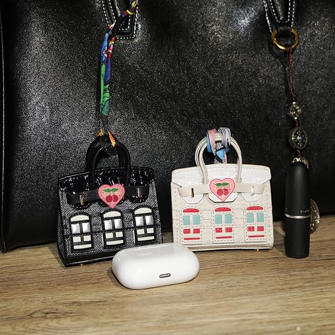 Buyborgood 2 PCS Women Mini Backpack Keychain Accessories Key Pouch Holder Coin Purse Bag Charm Wallet (Black + Ivory)