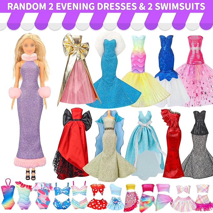 Style Shine 70 Pcs Doll Clothes and Accessories,4 Wedding Gowns 2 Evening Dresses 8 Fashion Dresses 6 Set Casual Outfit Top and Pant 2 Swimsuit,18 Hanger 10 Shoe 20 Accessories Toys for Girls Kid Gift