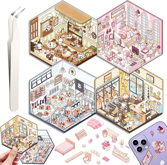 DIY 3D House Stickers, 4 Set Fun DIY Stickers Scene Make Your Own Warm Home, Supermarket, Coffee Shop, Music Bar, Cute 3D Cartoon Scene Stickers for Adult Kids Relief Stress Pass The Time (XM2.0)