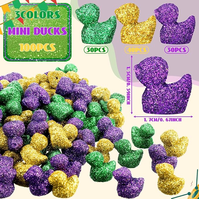 Yaocom 100 Pcs Mardi Gras Mini Glitter Duck Statue Purple Green Yellow Glitter Duck Figurines Micro Garden Landscape Dollhouse Cake Decoration Potted Plants DIY Craft Charms for Mardi Gras Party Gift
