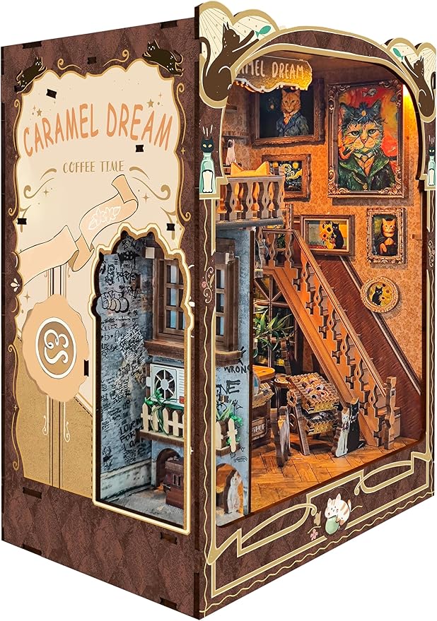 Book Nook Kit-DIY Dollhouse Kit Wooden Miniature Studio with Dust Cover Bookshelf Decor 3D Puzzle Book Nooks for Adults to Build Gift (Caramel Dreams)