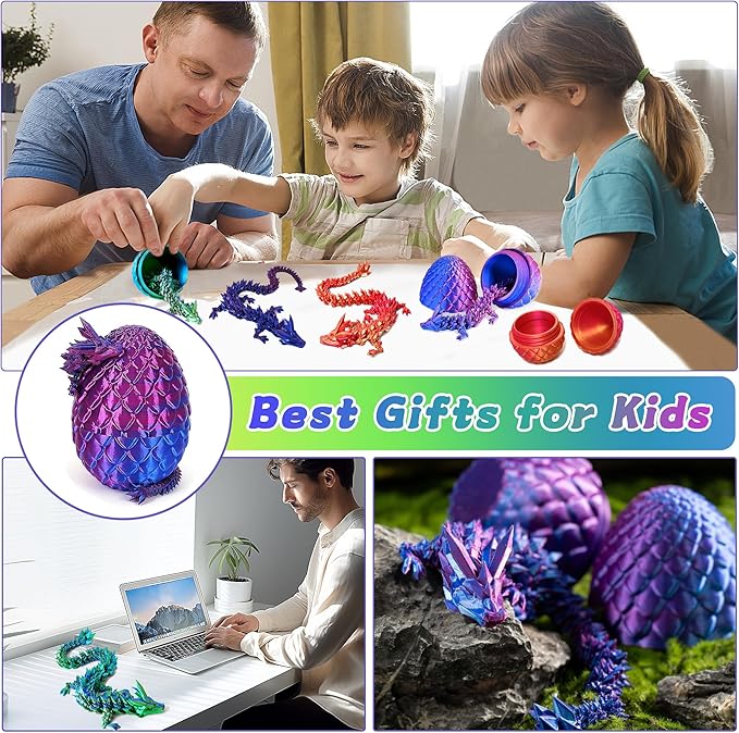 JOD® 4PCS 3D Printed Dragon Eggs with Dragon Inside – Articulated Fidget Toys, Easter Dragon Eggs, Mystery Surprise Easter Eggs for Kids, Unique 3D Printed Animals, Home Decor and Gift Set(A)