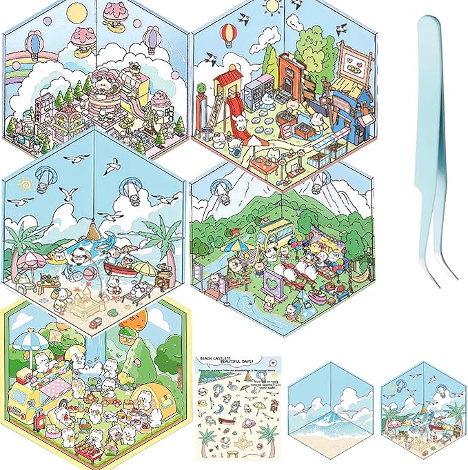 DIY 3D Sticker Scenes Kit - 5 Sets Creative Mini Shop, Cafe & Animal Themes | Make Your Own Cute Cartoon Stickers for Teens, Adults & Kids | Stress Relief Craft Activity for Home Decor & Relaxation