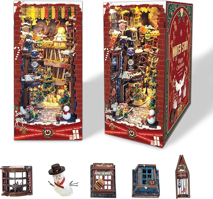 DIY Book Nook kit - Christmas Style Miniature House Kit Bookshelf Insert Decor, 3D Wooden Puzzle with LED Dust Cover, Gift for Adults Teens Birthdays - Christmas Snow Night