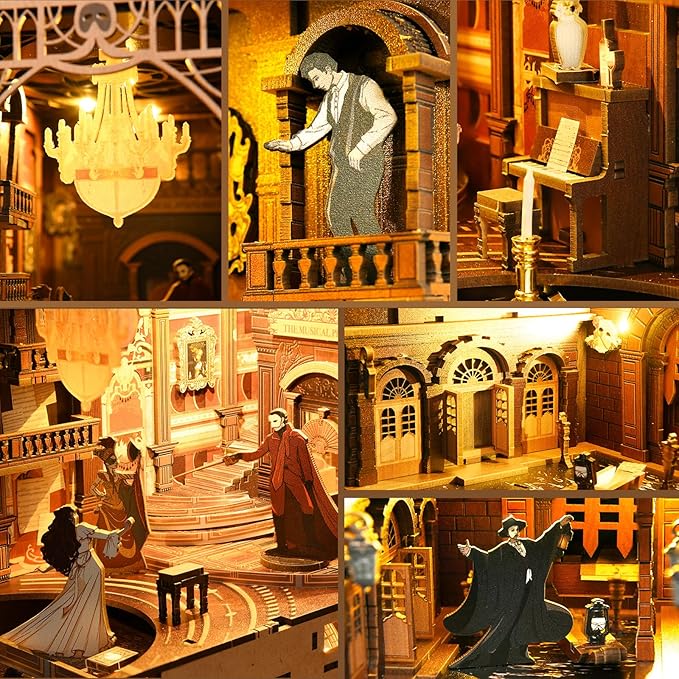 Book Nook Kit, DIY Miniature Dollhouse Booknook Kit, 3D Wooden Puzzle Bookend Bookshelf Insert Decor with LED Light for Teens and Adults (Phantom of The Opera)
