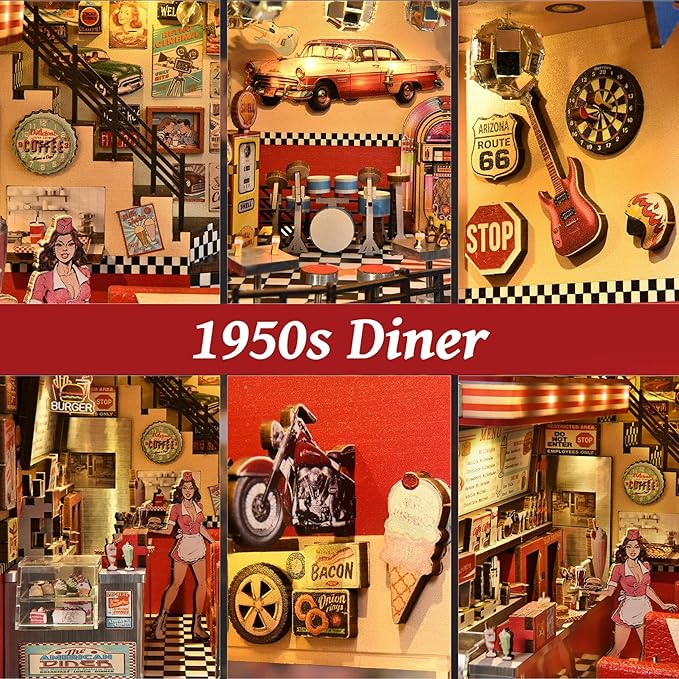 Book Nook Kit - DIY Miniature House Dollhouse Kit for Adults and Teens, Booknook Retro Diner Bookshelf Decor 3D Wooden Puzzle with LED Light, Gifts for Family and Friends (1950s Diner)