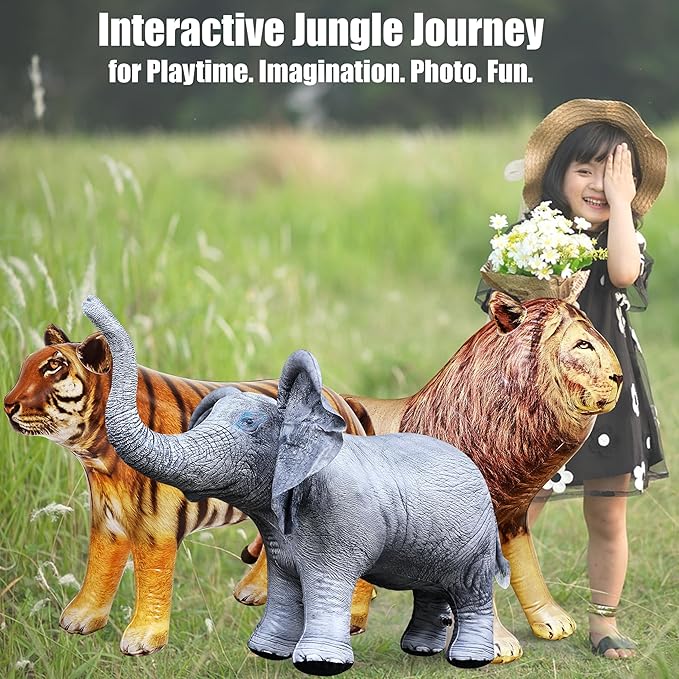 Jet Creations Life on Earth Wildlife Safari Inflatable, 3-PK, Lion, Tiger, Elephant, Realistic Animals for Party Decoration, Pool, Birthday, Jungle Photo Prop