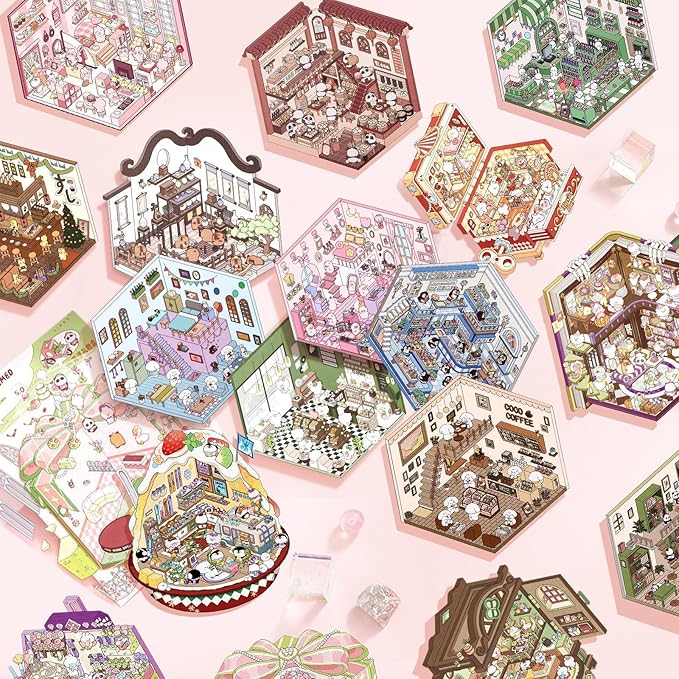 DIY 3D House Stickers Scene, 28 Set Fun DIY Sticker Therapy,Make Your Own Cute 3D Miniature Stickers Scene Sticker for Adult Kids for Relief Stress Pass The Time