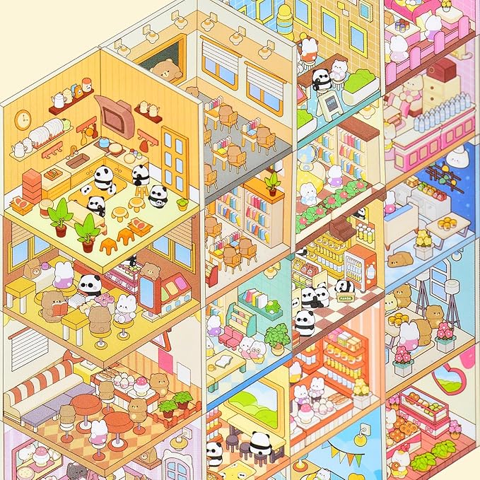 DIY Mini Fun 3D Animal House Scene Stickers Book with Tweezers Make Your Own Bakery Shop Sticker Scenes Cute Micro Stickers for Relief Stress Pass The Time(20 Designs)