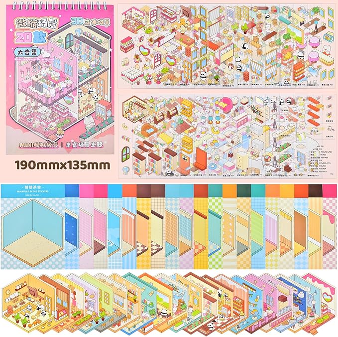 DIY Mini Fun 3D Animal House Scene Stickers Book with Tweezers Make Your Own Library Shop Sticker Scenes Cute Micro Stickers for Relief Stress Pass The Time(20 Designs)