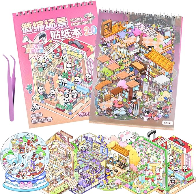 DIY Large Fun 3D Animal House Scene Stickers Book with Tweezers Make Your Own Town Bookstore Amusement Park Sticker Scenes Cute Micro Stickers for Relief Stress Pass The Time(6 Designs)