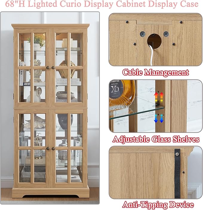 68" H Glass Curio Display Cabinet with Light, 6-Tier Wooden Storage Showcase w/ 4 Glass Doors & Adjustable Shelves, Vintage Accent Cabinet w/Mirrored Back Pane for Home & Office (Oak)