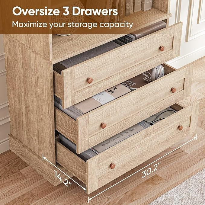 71" Tall Farmhouse Kitchen Pantry Cabinet, Brown Wood Hutch with Glass Doors, 3 Drawers & Adjustable Shelves, Large Storage Cabinet for Dining Room & Living Room, Set of 3