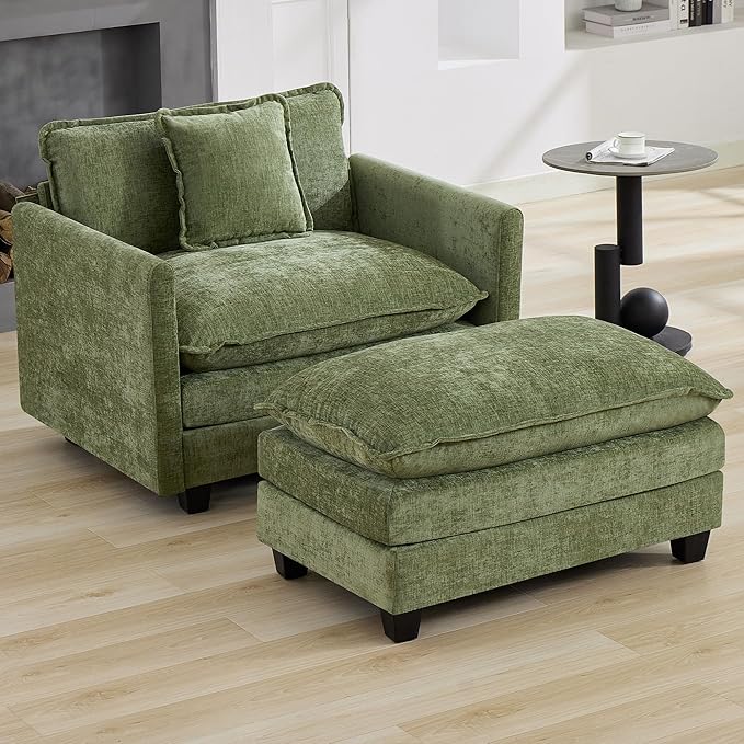 35‘’ Modern Chenille Cloud Sofa Ottoman,Rectangle Ottoman for Modular Sectional Sofa, Green