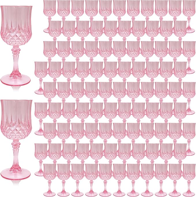 LEYIQU Plastic Wine Glasses, Plastic Goblets Vintage Style Cordial Drinking Glasses for Valentine’s Day, Wedding Reception, Grand Event Party Supplies (100, Pink)