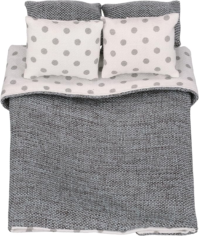 Dollhouse Bedding, 5 Piece Set with Comforter & Pillows, Blanket, Realistic Bedroom Accessories for 6 inch Dolls, 1/12 Scale, Gray and White Linen