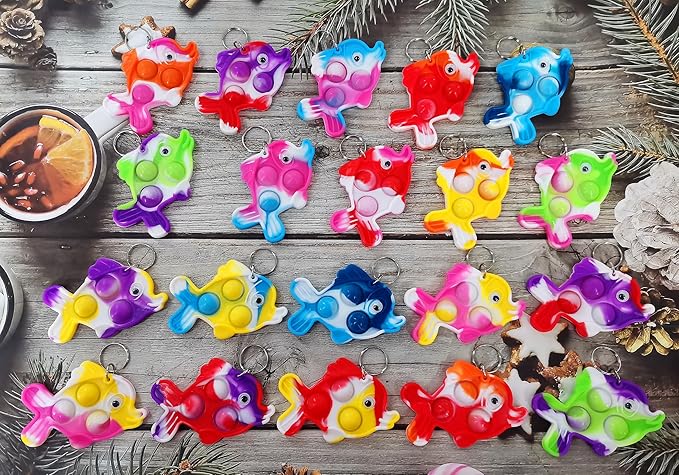 20 Packs Bulk fish Mini Pop Fidget Key Chain，Birthday Party Favors Supplies and Classroom summer Student Gifts