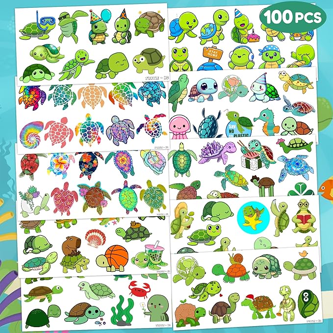 Cute Sea Turtle Temporary Tattoos Turtles Birthday Party Decorations Favors Supplies Ocean Sea Themed Stickers 10 Sheets 105 PCS Gifts for Baby Girls Boys Decor Class School Carnival Christmas