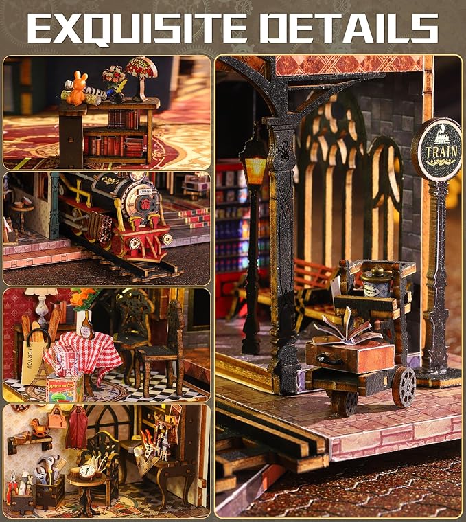 DIY Tiny House, Miniature House Kit Steampunk-Style Rail-Track City Wooden with LED Lights & Music Box & Display Case, Dollhouse Kit for Creative Home Decoration & Adult and Teens Gift