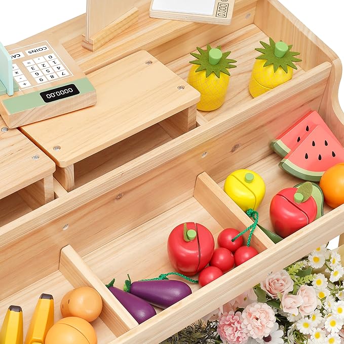 PairPear Wooden Mud Grocery Stand, 2-in-1 Outdoor Market Stand & Mud Kitchen for Kids Outdoor, Montessori Pretend Play Toy with 14 Accessories, Cash Register & Play Food, Ages 3+
