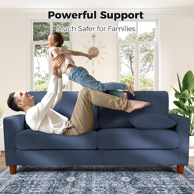 Kidirect 70in Corduroy Couch, Sofa No Tool Assembly, Comfy Couches for Living Room 21in Deeper Seats, Corduroy Sofas for Living Room with 2 Pillows, Oversized Loveseat Sofa, Boho Love Seat Blue Couch