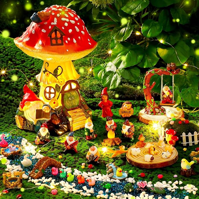 HyDren 100 Pcs Fairy House Garden Kit Accessories Miniatures Fairy Figures Gnomes Statue Lights Mushroom House Micro Landscape Ornaments for DIY Outdoor Dollhouse Decoration Gift for Christmas