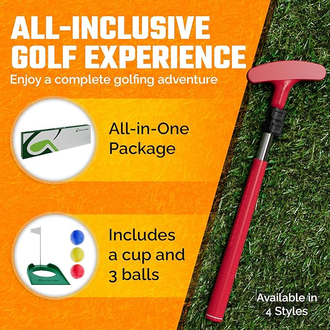 Go For It Golf Kids Putter - Extendable Shaft for Junior Golfers - Adjustable Size for Right and Left Hand - Perfect Training Club for Kids - Includes 3 Balls, Cup with Flag 17"-35"