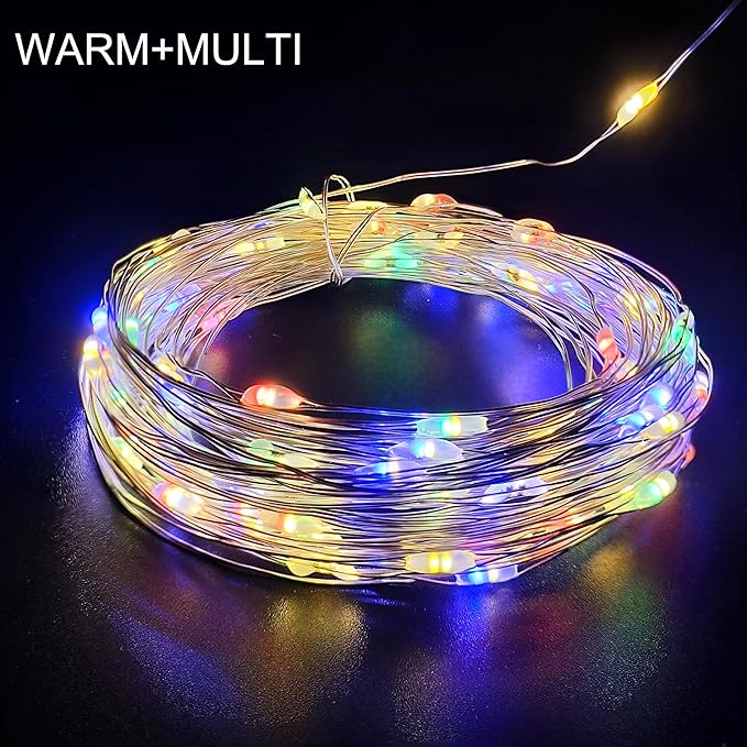 Battery Powered Silver Copper Wire LED String Lights - Remote Control, Color Changing Warm White/Multicolor, for Bedroom, Wedding, Party, Christmas Tree Decor (200LEDs)