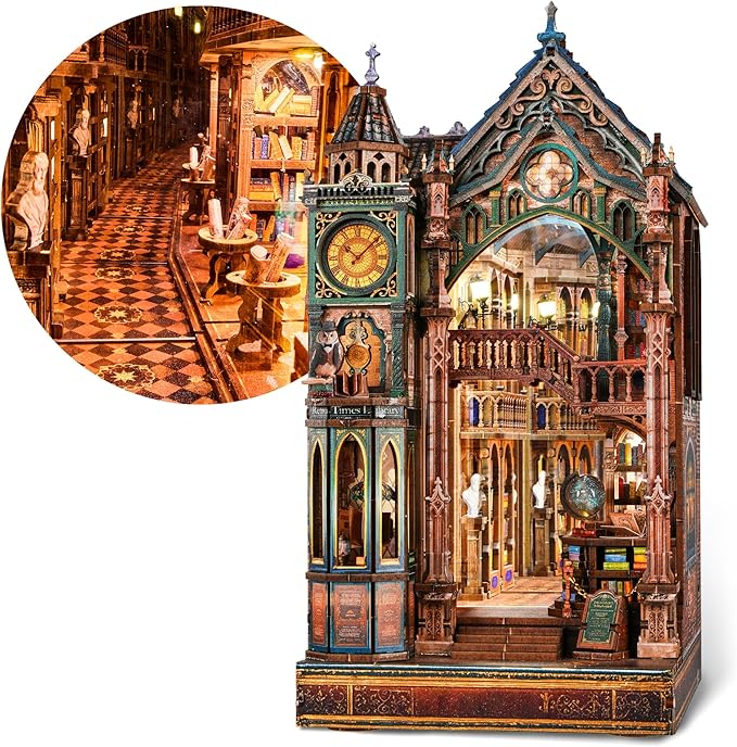 Magic Library Book Nook Kit – LED 3D Wood Puzzle with Infinity Mirror – DIY Bookshelf Decor, Miniature Craft Gift for Kids and Adults