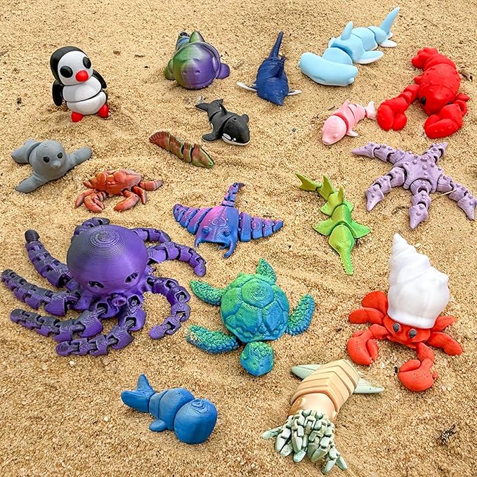 3D Printed Animal Figures Set, 18Pcs 3D Printed Toys, Ocean Animal Figurines Toys, Fidget Articulated Flexible Toy for Party Favors Birthday Gifts Office Desktop Home Decoration