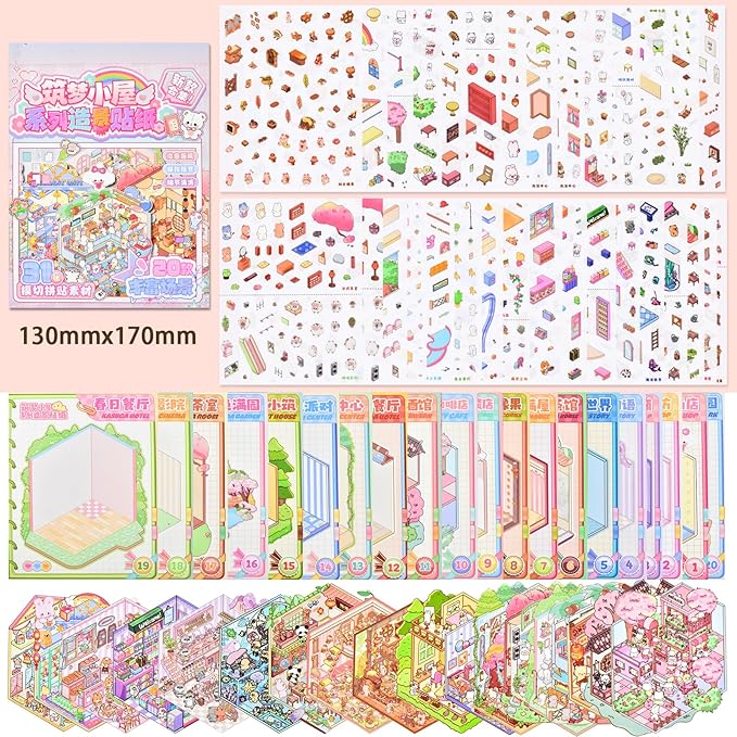 DIY 3D Fun Mini Animal House Scene Stickers Book with Tweezers Make Your Own Shop Amusement Park Sticker Scenes Cute Micro Stickers for Relief Stress Pass The Time(20 Designs)