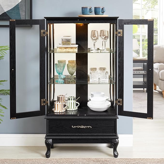 51" H Lighted Glass Curio Display Cabinet with 2 Doors & 1 Drawer, Wooden Glass Curio Showcase w/Adjustable Shelves & Mirrored Back Panel, Storage Cabinet Display Case for Living Room (Black)