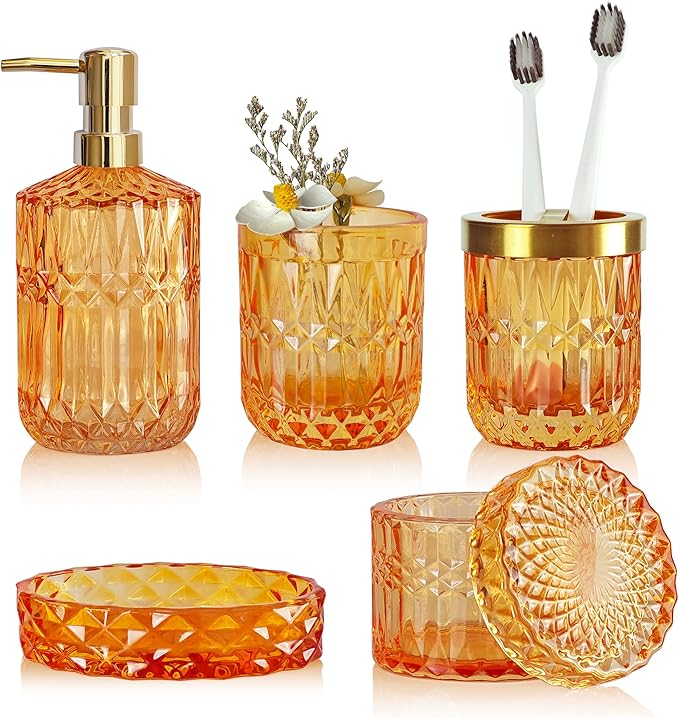 LaMarriti Orange Bathroom Accessories Set, 5Pcs Clear Glass Bathroom Set, Lotion Soap Dispenser, Soap Dish, Tumbler, Toothbrush Holder Set, Qtips Holder for Vintage Bathroom Decor, Gift Set