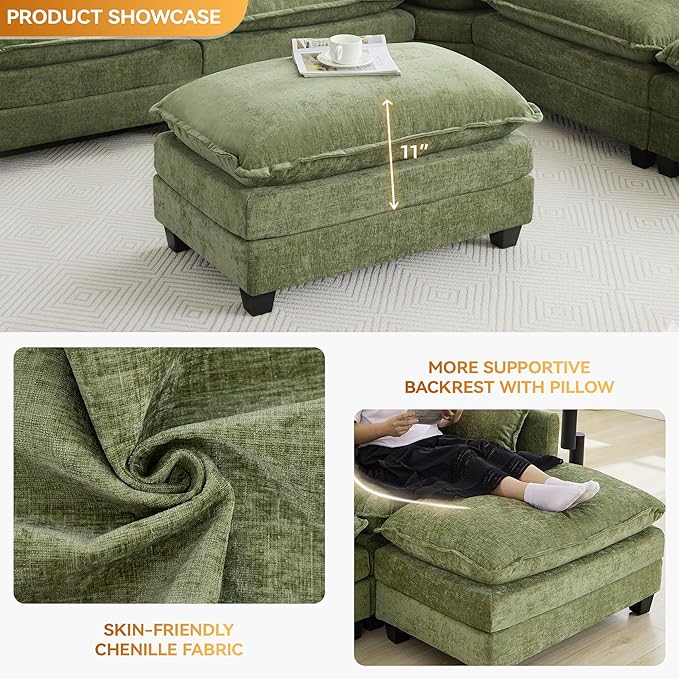 35‘’ Modern Chenille Cloud Sofa Ottoman,Rectangle Ottoman for Modular Sectional Sofa, Green