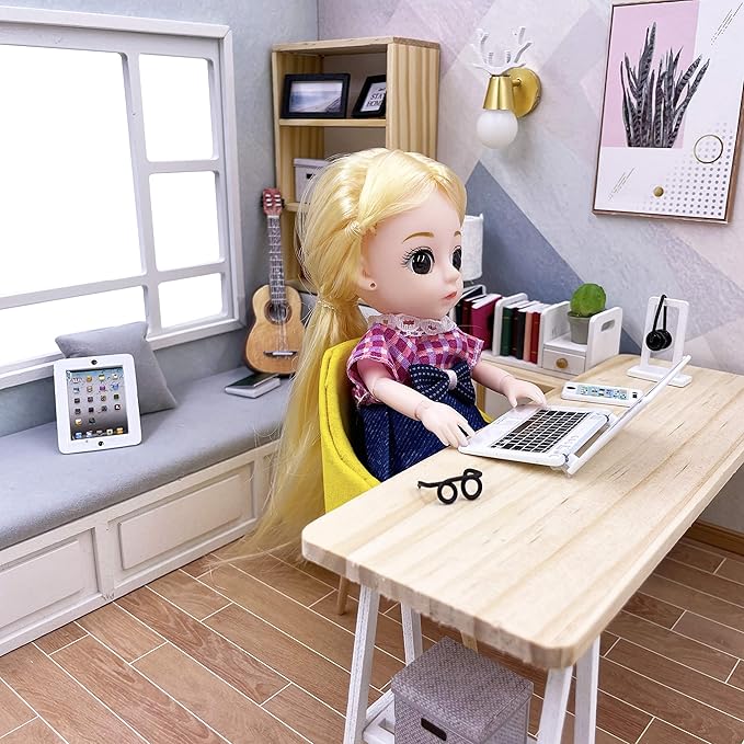3 Pack Dollhouse Mini Laptop Tablet and Smart Phone Scene Computer Simulation Accessories for Doll 1/6 1/12 Miniatures Silver, Metal