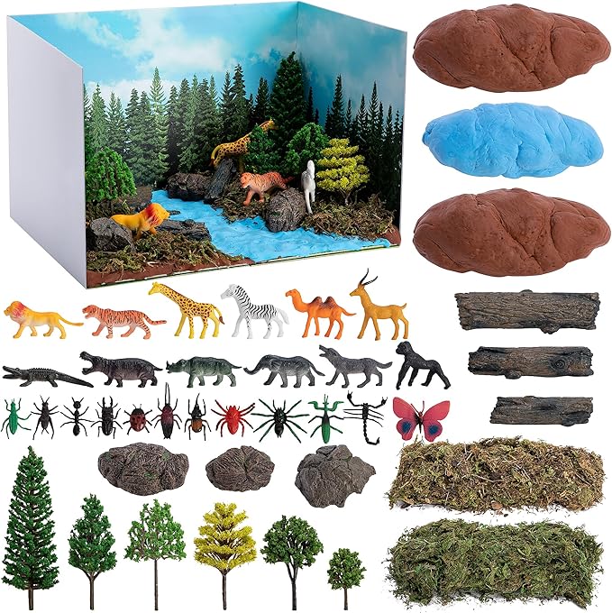 codree 65 Pcs Jungle Diorama Kit Habitat Project Box Set, Cardboard Diorama Box Animals Model Scenery Kit, Animal Figurines Rainforest Diorama Supplies for DIY Crafts Birthday Gifts Party Favor