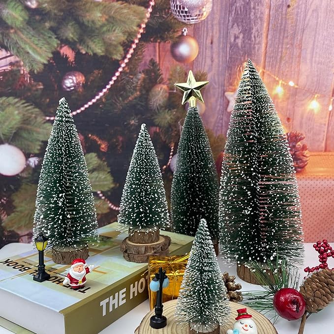 NotiGat 5pcs Small Christmas Tree Tabletop Decor mini Christmas Trees for Decoration Wooden Xmas Bottle Brush Tree Christmas for Village Holiday Party（4/6/8/10/12 inch）