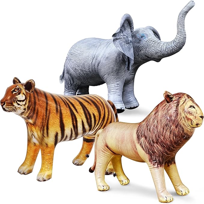Jet Creations Life on Earth Wildlife Safari Inflatable, 3-PK, Lion, Tiger, Elephant, Realistic Animals for Party Decoration, Pool, Birthday, Jungle Photo Prop