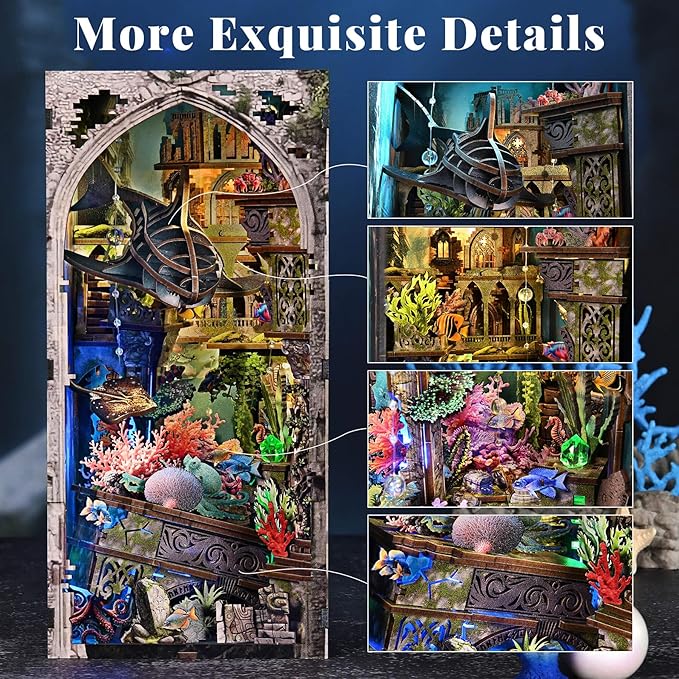 Book Nook Kit - DIY Miniature Dollhouse for Adults and Teens, Creative Bookshelf Decor 3D Wooden Puzzle Bookend with LED Light, Unique Gift for Family and Friends (Lost City of Atlantis)
