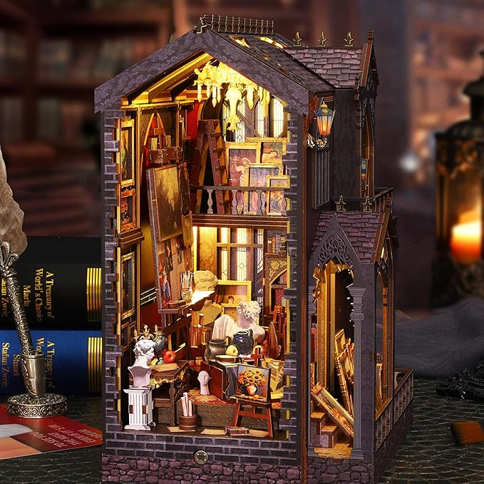 ISSEVE Book Nook Kit - DIY Miniature Dollhouse Booknook for Adults Teen, 3D Wooden Puzzle Tiny House Kit Bookshelf Decor, Gifts for Men Women Halloween Christmas Birthday (Art Studio)