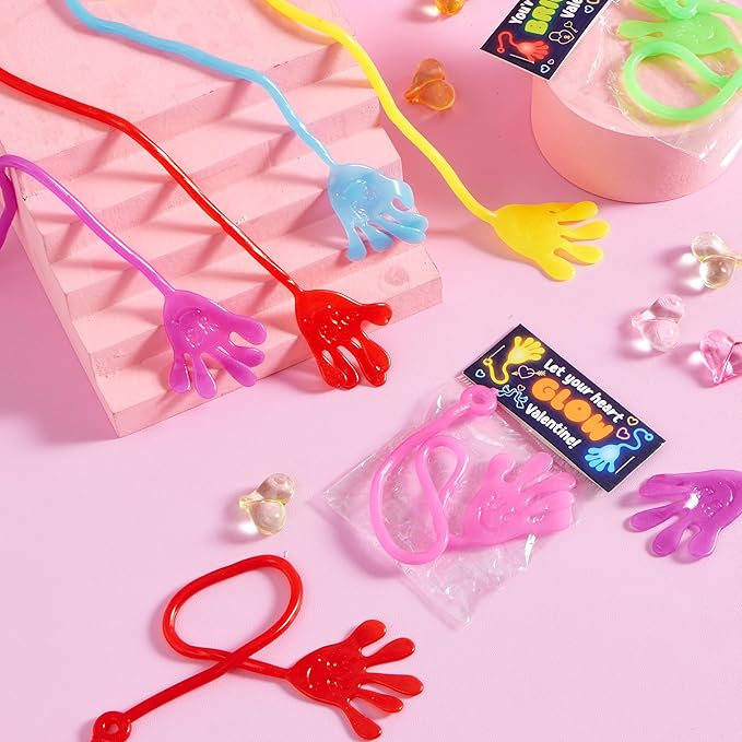 JOYIN 36 Packs Valentine Day Glow Sticky Hands with Card Headers for Kids Party Favor, Classroom Exchange Prizes, Valentine’s Day Greeting Cards, Party Favors and Exchange Gifts