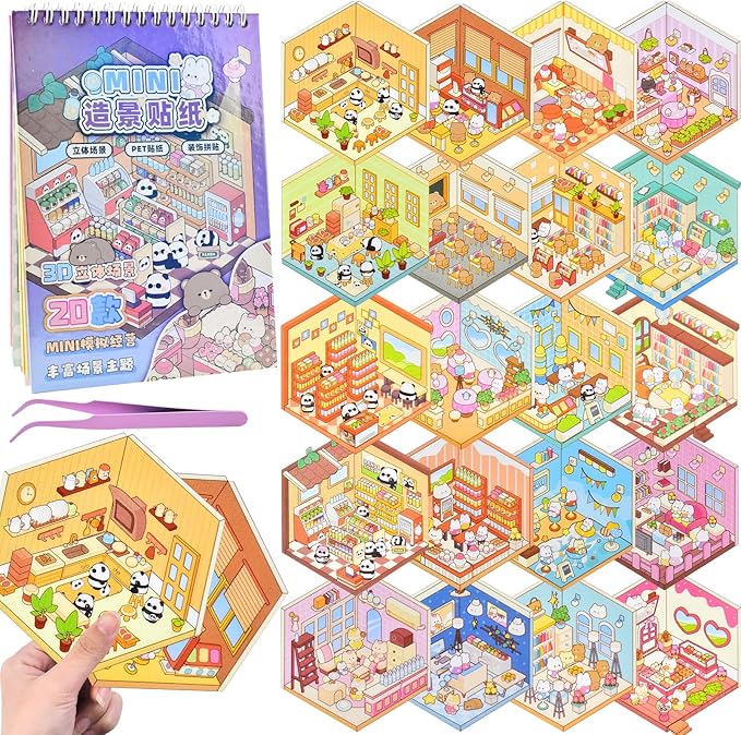 DIY Mini Fun 3D Animal House Scene Stickers Book with Tweezers Make Your Own Bakery Shop Sticker Scenes Cute Micro Stickers for Relief Stress Pass The Time(20 Designs)