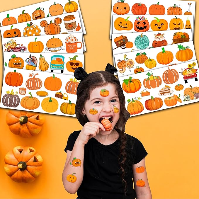 Cute Pumpkin Temporary Tattoos 10 Sheets 100 PCS Fall Pumpkin Party Decorations Favors Supplies Fall Theme Birthday Stickers Halloween Gifts for Boys Girls Kids Class School Prizes Carnival Christmas