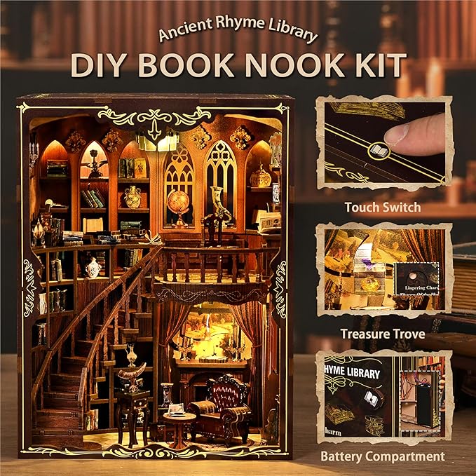 ISSEVE Book Nook Kit - DIY Miniature House Kit Book Nooks for Adults, Dollhouse Booknook Library Tiny House Bookshelf Decor 3D Wooden Puzzle Model Building Craft Kits Gift (Ancient Rhyme Library)